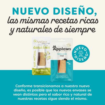 Applaws tuna loin para gatos en dos envases diferentes, texto: 'Nuevo diseño, las mismas recetas ricas y naturales de siempre'. Sello circular: 'Nuevo diseño'.