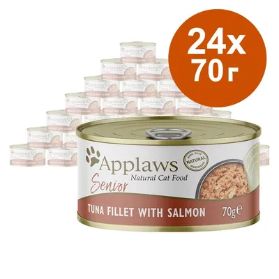 Applaws Senior Natural Cat Food, Tuna Fillet with Salmon, 24 консерви по 70 г. Видими надписи: Made with natural ingredients.