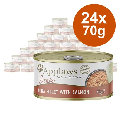 Lata de Applaws Senior Natural Cat Food, Tuna Fillet with Salmon, 70 g. Pack de 24 unidades. Texto visible: 'Made with natural ingredients'.