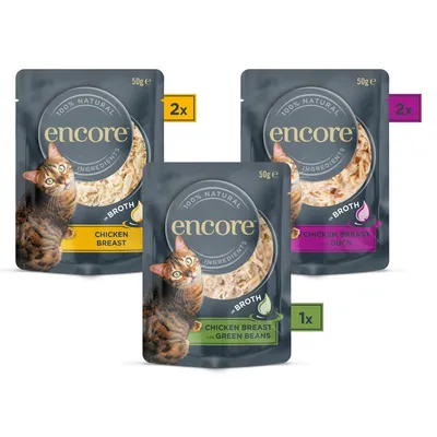 Encore Katzenfutter im Multipack: 2x Chicken Breast, 2x Chicken Breast mit Ente, 1x Chicken Breast mit grünen Bohnen. 50g pro Beutel, 100% natürliche Zutaten.