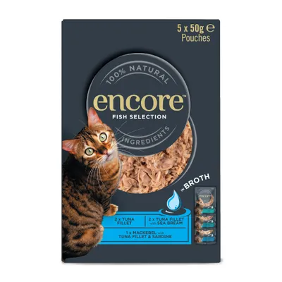 Ekonomipack: Encore Cat Pouch i buljong 20 x 50 g - Fisk selection (3 sorter)