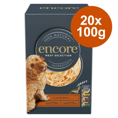 Boîte de nourriture pour chien encore Meat Selection, 100 % natural ingredients, 20 x 100 g. Variétés visibles : blanc de poulet, blanc de poulet avec bœuf, blanc de poulet avec agneau.