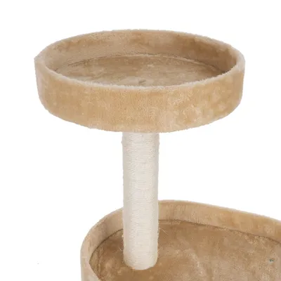 Cat tree with beige plush cover, round top lying surface and sisal post for claw care.