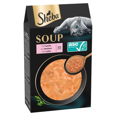 Sheba Soup au poulet, emballage montrant un bol de soupe avec morceaux de poulet et persil. Contenu : 4x40g.