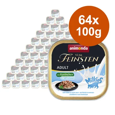 Lot de 64 barquettes Animonda Vom Feinsten Adult, Milkie’s, mit Kaninchen in Sahnesauce, 100 g chacune. Texte visible en allemand et anglais sur l’emballage.