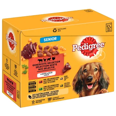 Pedigree Senior, 12×100g, mix výběr v želé. Viditelné texty: GEMISCHTE SELEKTION, SÉLECTION MIXTE, MIX SELECTIE, Rind, Lamm, Huhn, Geflügel. Přírodní ingredience, 100 % vyvážené. Pedigree Senior, 12×100g, mix výběr v želé. Viditelné texty: GEMISCHTE SELEKTION, SÉLECTION MIXTE, MIX SELECTIE, Rind, Lamm, Huhn, Geflügel. Přírodní ingredience, 100 % vyvážené.