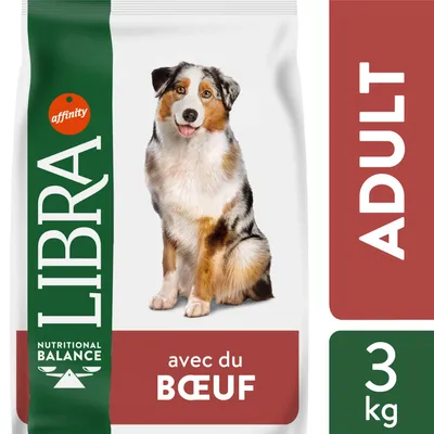 Sachet de croquettes pour chien adulte Libra Nutritional Balance, avec du bœuf, 3 kg, marque affinity. Texte visible : ADULT, avec du BŒUF, 3 kg.