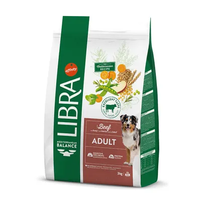 Libra Mediterranean Balance Adult dog food with beef, 3kg bag. Visible text: Digestive wellbeing, protein, no artificial flavours or colourants, excellent taste, our Mediterranean recipe.