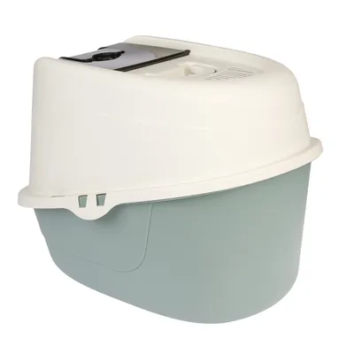 Geschlossene Katzentoilette mit weissem Deckel und grünem Unterteil, integrierter Filter und Klappe für einfache Reinigung.