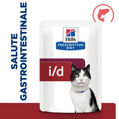 Hill's Prescription Diet i/d per gatti, confezione con scritta 'SALUTE GASTROINTESTINALE' e simbolo di pesce rosso in alto a destra.