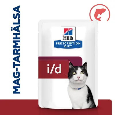 Hill's Prescription Diet i/d våtfoder för katt, texten 'MAG-TARMHÄLSA' synlig till vänster, fiskikon uppe till höger på förpackningen. Hill's Prescription Diet i/d våtfoder för katt, texten 'MAG-TARMHÄLSA' synlig till vänster, fiskikon uppe till höger på förpackningen.