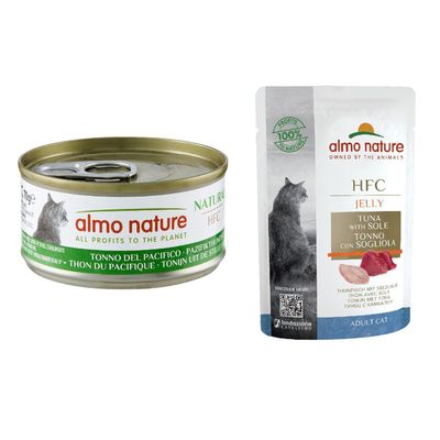 Boîte de 70 g Almo Nature HFC, thon de l’Atlantique, avec texte 'ALL PROFITS TO THE PLANET' et image d’un chat sur l’étiquette.