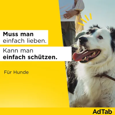 Text: Muss man einfach lieben. Kann man einfach schützen. Für Hunde. AdTab Logo unten rechts.