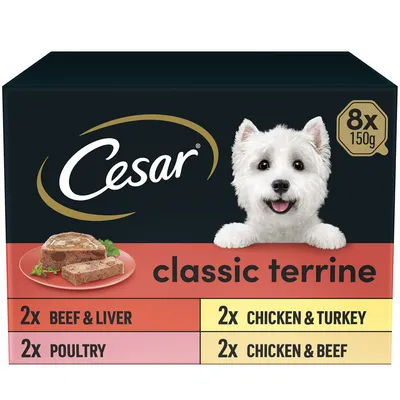 Cesar classic terrine selection pack, 8 trays of 150g each: 2 beef and liver, 2 poultry, 2 chicken and turkey, 2 chicken and beef.