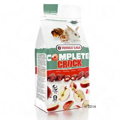 Versele-Laga Complete Crock Appel -pussi, kuvassa marsu, kani ja hamsteri, omenapaloja sekä tekstit: VITAMIN C PLUS, OMEGA 3, SMART SNACK NO ADDED SUGAR, APPEL POMME APFEL APPLE.