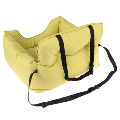 Panier pour animal en tissu jaune avec bords rembourrés et deux sangles noires réglables visibles sur le devant et le côté.