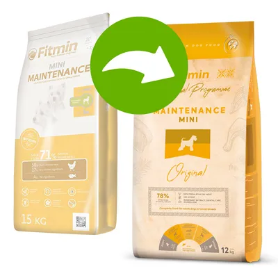 Fitmin Mini Maintenance krmivo pro psy malých plemen, 15kg balení se 71 % živočišných složek a 12kg balení se 78 % čerstvého drůbežího masa. Zelená šipka označuje změnu produktu.