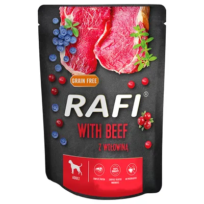 Rafi Adult krmivo pro psy s hovězím, bez obilovin, bez konzervantů, pečlivě vybrané ingredience, kompletní bílkovina. Obal zobrazuje maso, borůvky a brusinky.