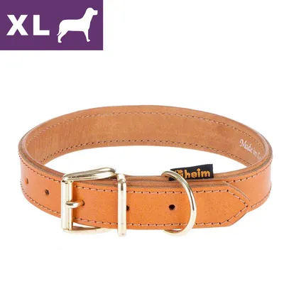 Kožený obojek hnědé barvy s kovovou přezkou, štítek s nápisem 'heim', v levém horním rohu fialové pole s bílým psem a textem XL. Kožený obojek hnědé barvy s kovovou přezkou, štítek s nápisem 'heim', v levém horním rohu fialové pole s bílým psem a textem XL.