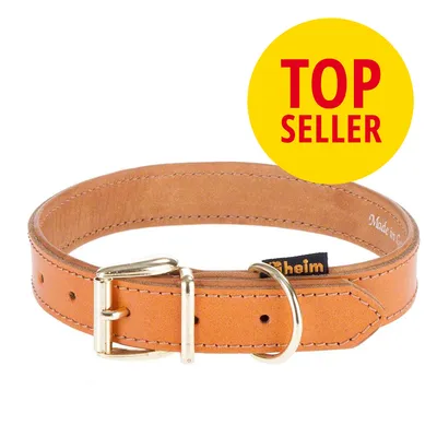 Heim Hundehalsband aus Leder mit Metallschnalle, Made in Germany. Gelbes Badge mit rotem Text 'Top Seller'.