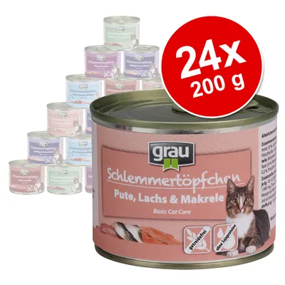 Grau Schlemmertöpfchen Pute, Lachs & Makrele konzerva za mačke, pakiranje 24x200 g. Na etiketi slika mačke i ribe, vidljiv natpis 'getreidefrei' i 'ohne Sojaproteine'. Grau Schlemmertöpfchen Pute, Lachs & Makrele konzerva za mačke, pakiranje 24x200 g. Na etiketi slika mačke i ribe, vidljiv natpis 'getreidefrei' i 'ohne Sojaproteine'.