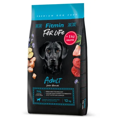 Fitmin For Life Adult Large Breeds, prémiové krmivo pre psy, 12 kg, 71 % živočíšnych bielkovín, čakankový extrakt ako prebiotikum, kĺbový komplex, +1 kg zadarmo.