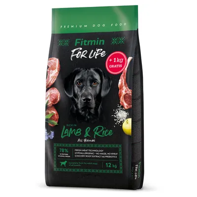 Fitmin For Life Premium krmivo pre psov, bohaté na jahňacie a ryžu, pre všetky plemená. Hypoalergénne, bez kukurice, bez pšenice. Balenie 12 kg + 1 kg zdarma.