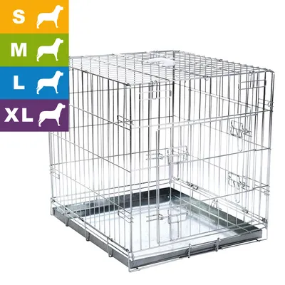 Cage pour chien en métal avec plateau amovible, disponible en tailles S, M, L et XL indiquées par des pictogrammes de chiens sur fond coloré. Cage pour chien en métal avec plateau amovible, disponible en tailles S, M, L et XL indiquées par des pictogrammes de chiens sur fond coloré.