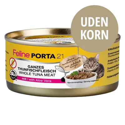 Feline PORTA 21 kattemad dåse, GANZES THUNFISCHFLEISCH WHOLE TUNA MEAT, mit Aloe Vera, uden korn, ohne zuckerzusatz no added sugar, billede af kat og skål med foder