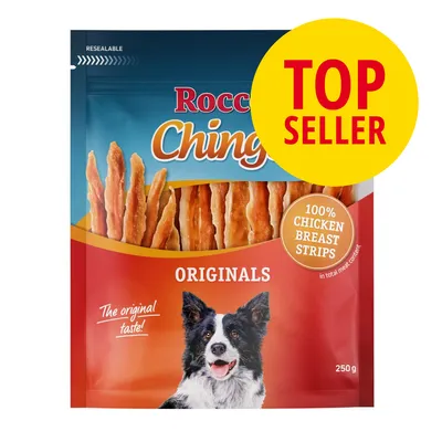Rocco Chings Originals 100% Chicken Breast Strips, 250 g. Tekst: The original taste!, TOP SELLER, resealable. Billede af hund og synlige kyllingestrimler i posen.