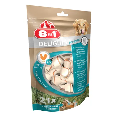 Confezione 8in1 Delights pro dental XS, ossi masticabili con carne di pollo avvolta, 21 pezzi, per cani 2–12 kg, formula anti-placca, scritta 'chicken inside + minerals'.