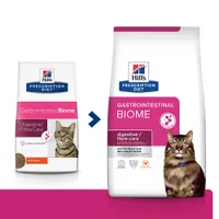 Hill's Prescription Diet Gastrointestinal Biome per gatti, Digestive/Fibre Care, con immagine di gatto e simboli ActiveBiome+, raccomandato dai veterinari. Nuovo design della confezione.