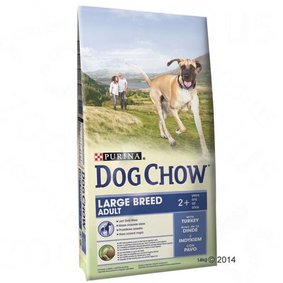 Сухой корм Purina Dog Chow Large Breed Adult 2+ для взрослых собак крупных пород с индейкой, масса 14 кг. Видна упаковка с изображением собаки и людей на фоне природы.