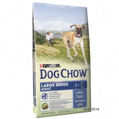 Сухой корм Purina Dog Chow Large Breed Adult 2+ для взрослых собак крупных пород с индейкой, масса 14 кг. Видна упаковка с изображением собаки и людей на фоне природы.