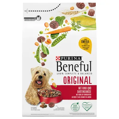 Embalaža pasje hrane Purina Beneful Original, vidna skleda briketov, pes, korenje, grah, koruza, napis: 100% Complete & Balanced, OMEGA-3/6, mit Rind und Gartengemüse.