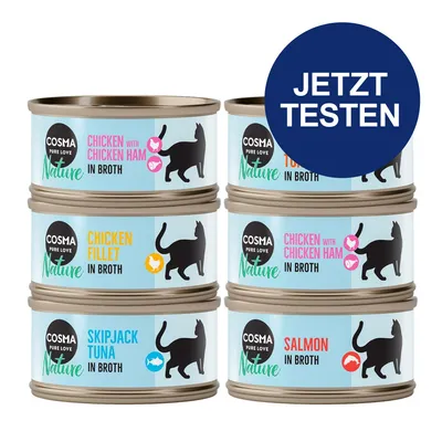 Cosma Nature Katzenfutter in Brühe: Sorten Chicken with Chicken Ham, Chicken Fillet, Skipjack Tuna, Salmon. Jetzt testen.