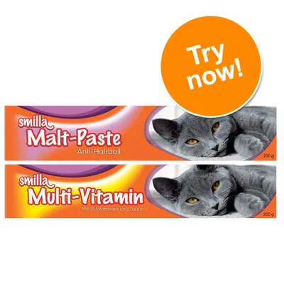 smilla Malt-Paste Anti-Hairball 200g and smilla Multi-Vitamin Mit 12 Vitaminen und Taurin 200g, both with grey cat image. Orange circle with white text: Try now!
