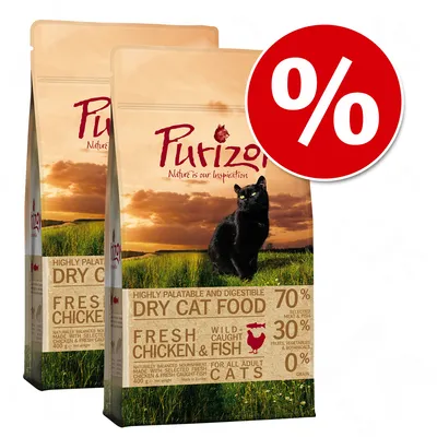 Purizon suha hrana za mačke, Fresh Chicken & Fish, 70 % meso in ribe, 30 % sadje in zelenjava, 0 % žitaric, paket dveh vreč, oznaka popusta (%) Purizon suha hrana za mačke, Fresh Chicken & Fish, 70 % meso in ribe, 30 % sadje in zelenjava, 0 % žitaric, paket dveh vreč, oznaka popusta (%)