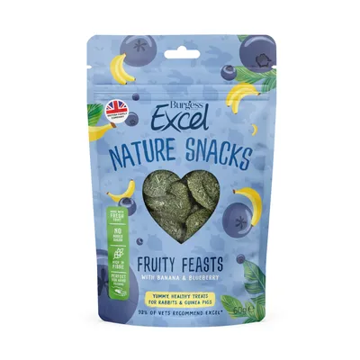 Burgess Excel Nature Snacks Fruity Feasts with banana and blueberry, healthy treats for rabbits and guinea pigs, 600g. No added sugar, high in fibre, made from fresh ingredients.