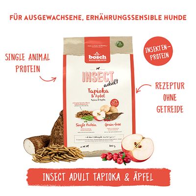 bosch Insect Adult Tapioka & Äpfel, Single Animal Protein, Insekten-Protein, Rezeptur ohne Getreide, für ausgewachsene, ernährungssensible Hunde.