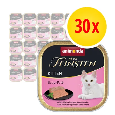 animonda Vom Feinsten Kitten Baby-Paté, 30 opakowań. Na opakowaniu zdjęcie białego kota i kawałek pasztetu. Widoczny napis: od 4. tygodnia życia.