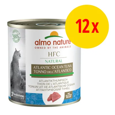 almo nature HFC Natural Tonno dell'Atlantico, confezione 12x. Testo visibile: 100% profits to nature, no gluten recipe, fondazione Capellino.