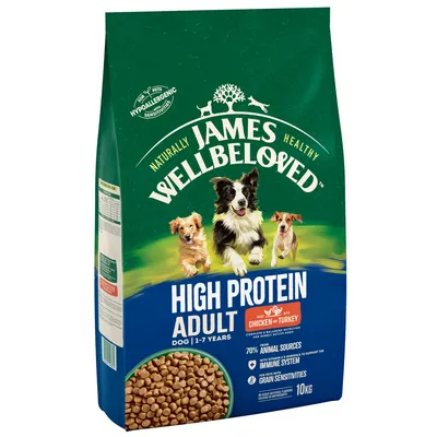 James Wellbeloved High Protein Adult, chicken and turkey, for dogs aged 1-7 years. 70% animal sources, supports immune system, suitable for grain sensitivities, 10kg bag.