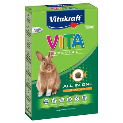 Vitakraft VITA Special All in One Adult -pääruoka kääpiökaneille. Pakkauksessa ruskea kani, pelletti ja kuvakkeet: prebiootti, vähän kalsiumia, timotei, hammashoito, hajunesto.
