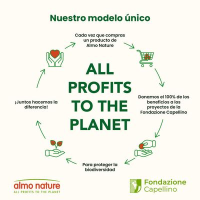 Almo Nature: Todos los beneficios van destinados al planeta. El 100% de los beneficios se dona a proyectos de la Fondazione Capellino para proteger la biodiversidad.