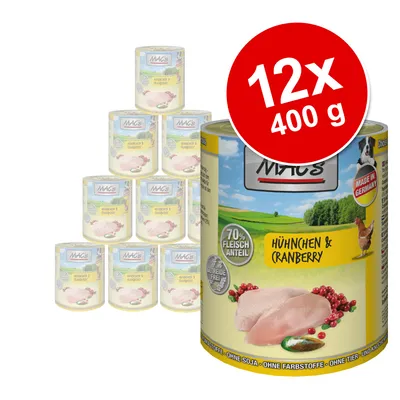 MAC's Huhnchen & Cranberry våtfoder, 12 x 400 g burkar. Text: 70 % Fleischanteil, Made in Germany, Getreidefrei. Bild på kyckling och tranbär på förpackningen.