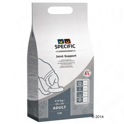 Опаковка SPECIFIC Joint Support, 2.5 кг, DOG ADULT CJD. Виден силует на куче и пиктограми с функции. Текстът е на английски и други езици.