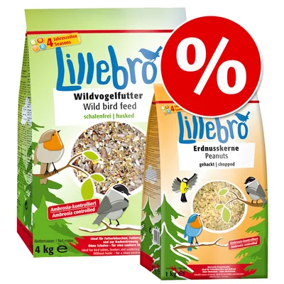 Lillebro Wild bird feed 4 kg og Lillebro Peanuts gehackt 1 kg, begge med synligt fuglefoder og tekst på engelsk og tysk. Rødt procenttegn indikerer tilbud.