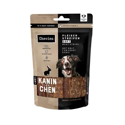 Chewies Kaninchen Rabbit Fleischstreifen Soft, 95 % meat content, extra vitamin C, monoprotein, no added sugar, grain free. Tekst na engleskom i njemačkom jeziku.
