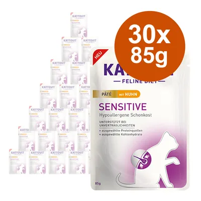 Kattovit Feline Diet Sensitive pástétom csirkével, hipoallergén kímélő eledel, támogatja az érzékenység esetén. Csomag: 30 x 85g.